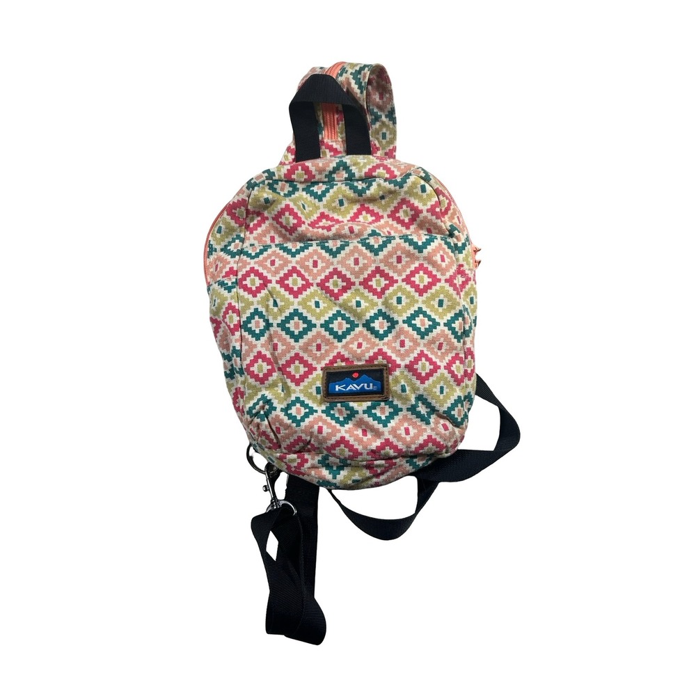 KAVU Mini Sling Bag Geometric Diamond Canvas Sling Backpack Pink Teal